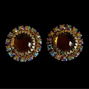 Vintage Mid-Century Topaz Glass Clip Earrings With AB Rhinestones